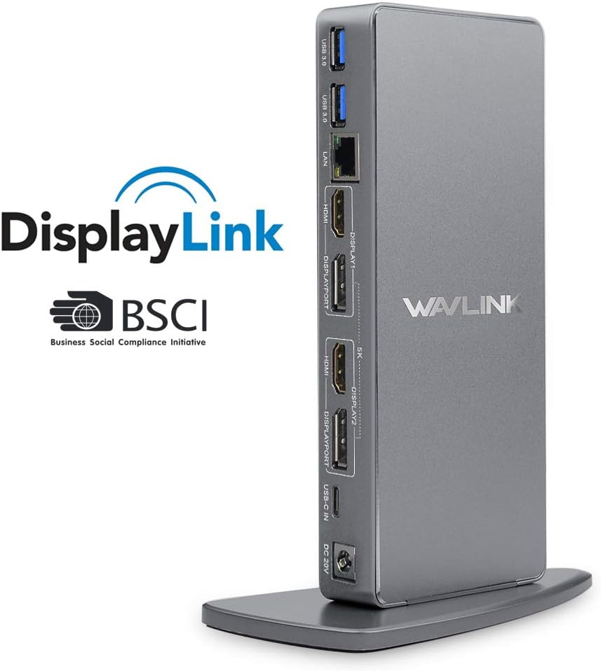 WAVLINK Dual 4K USB C Universal Laptop Docking Station, Dual 4K@60Hz & Single 5K@60Hz Display,2xHDMI & Display Port,6 USB 3.0,Gigabit Ethernet,Audio for Windows, Mac OS & Chrome OS & Android 5.0 Later