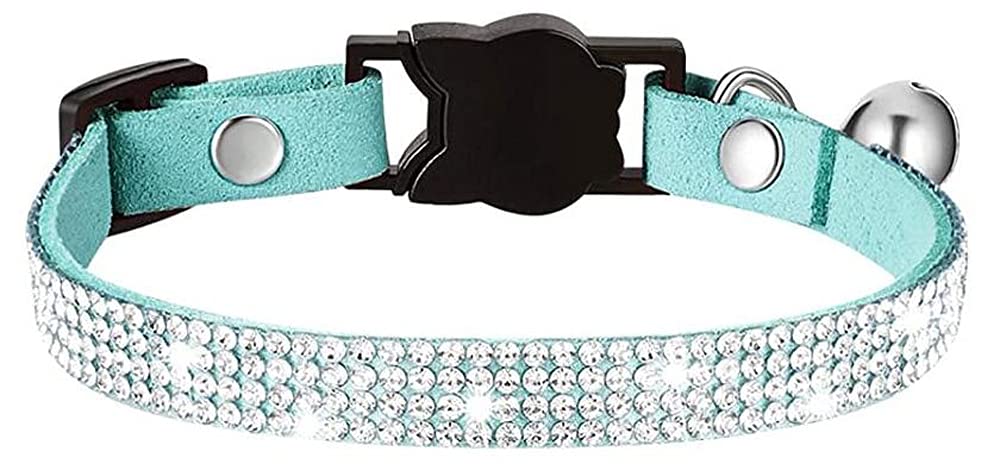 haoyueer Rhinestones Dog Cat Collars with Bell Bling Pet Puppy Collars with Soft Velvet Crystal Collars Girl Jeweled Necklace (Blue)
