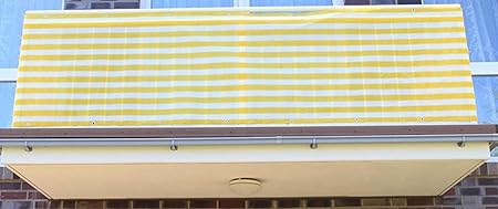 0,9 x 7 meter, Gelb&Weiß Streifen PE Balkonsichtschutz, Balkonverkleidung, Windschutz, Sichtschutz und UV-Schutz für Balkon, 