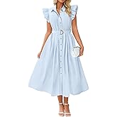 ZESICA Womens Summer Button Midi Dresses 2026 Flutter Short Sleeve Belted Business Casual Work Long Dresses with Pockets