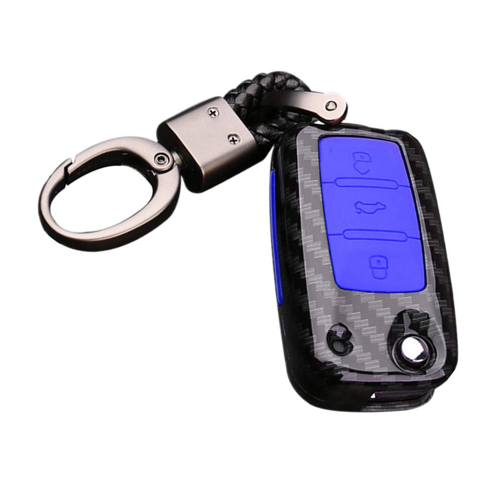 Happyit ABS Carbon Fiber Shell+Silicone Car Key Cover Case for Volkswagen VW Bora Beetle Tiguan Polo Passat MK5 6 Jetta Eos Sagitar Golf 3 Buttons Remote (B Black + blue)