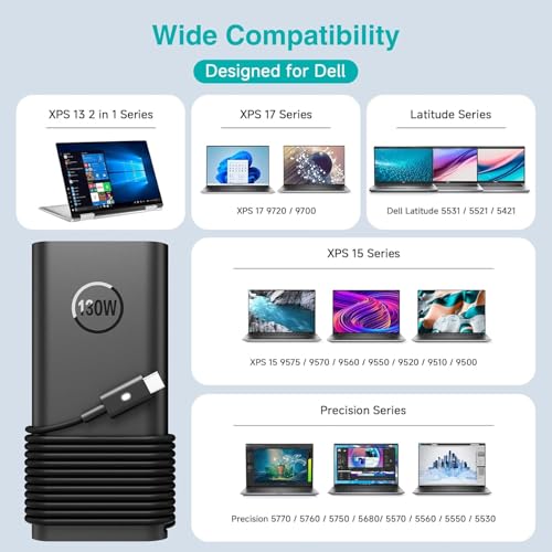 130W Dell USB C Laptop Charger, CE Listed 130W USB C Charger for Dell XPS 15 16 17, Precision, Latitude, Inspiron, Vostro, P/N: T4V18 0K00F5 K00F5 M0H25 M0H25 7MP1P 450-AHOM DA130PM170 HA130PM170