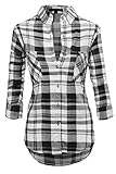 Women's Button Down Roll up Sleeve Hi Low Relaxed Loose Fit Plaid Flannel Shirt