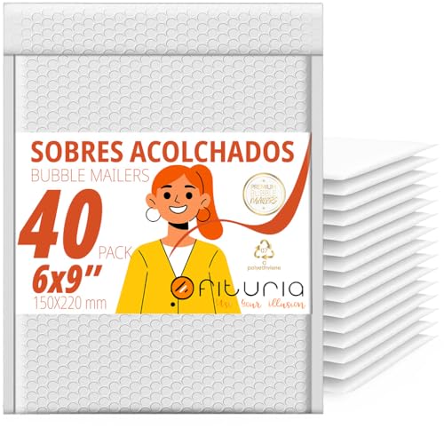 OFITURIA Bubble Envelopes 150 x 220 mm, White Polyethylene, Mailing Bags with Strong Adhesive Closure, Waterproof, Ideal for Office and E-Commerce (Pack of 40)