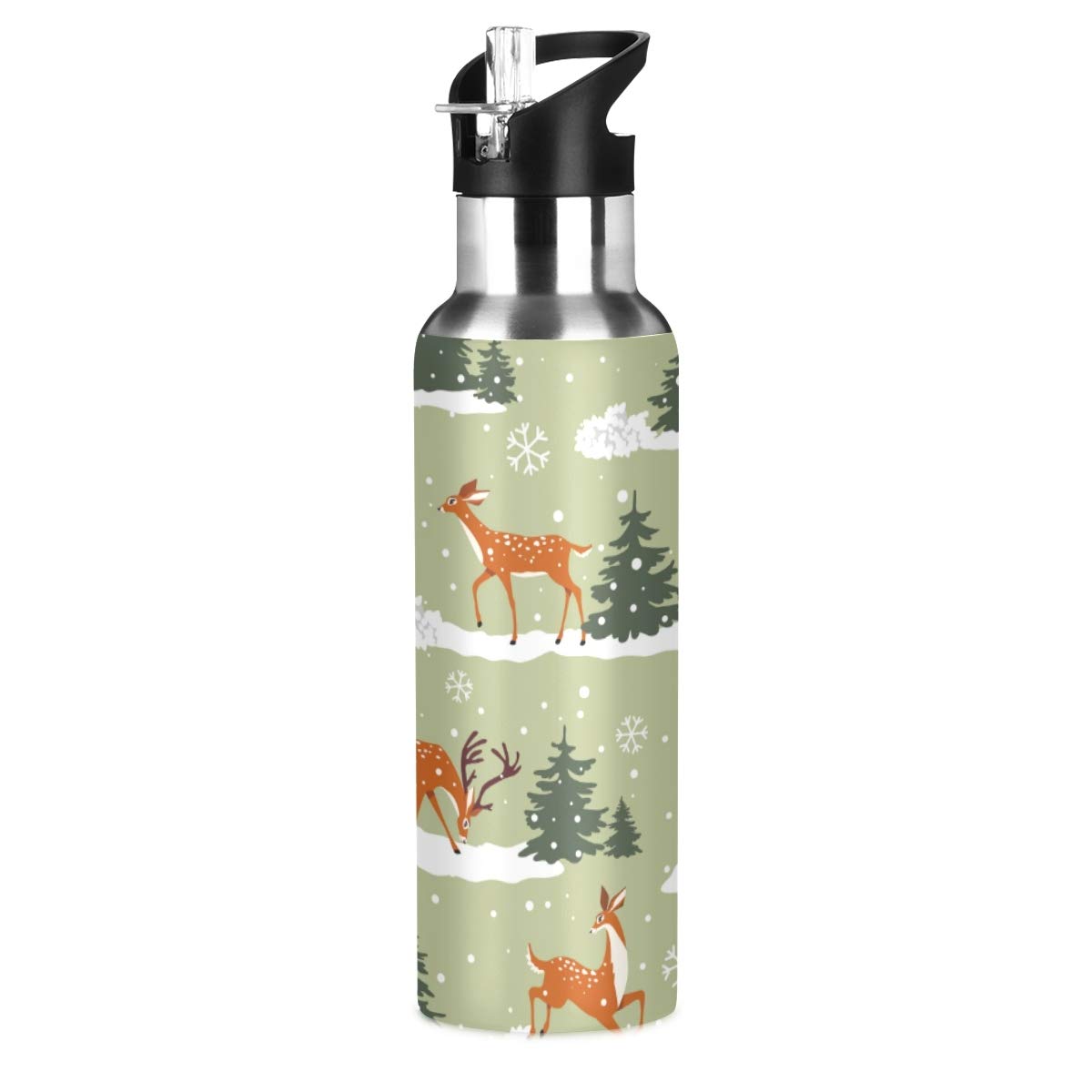 Mnsruu Beautiful Gorgeous Cartoon Deers Drink Flask Water Bottle Thermos with Straw Lid for Boys Girls,600 ml,Leakproof Stainless-Steel Sports Bottle