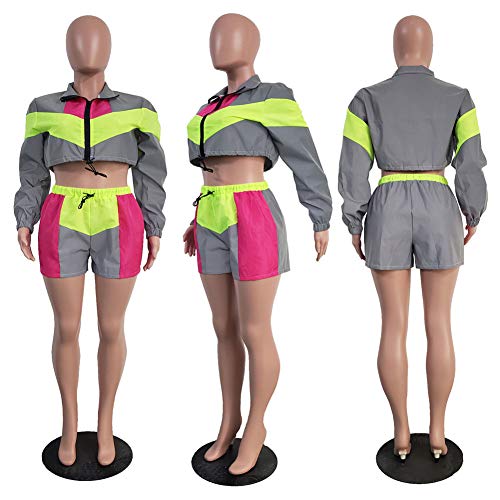 Women Sexy Reflective 2 Piece Outfits Short Pant Sets Long Sleeve Crop Tops Rompers Clubwear Grey Rose XL - Thumbnail 4