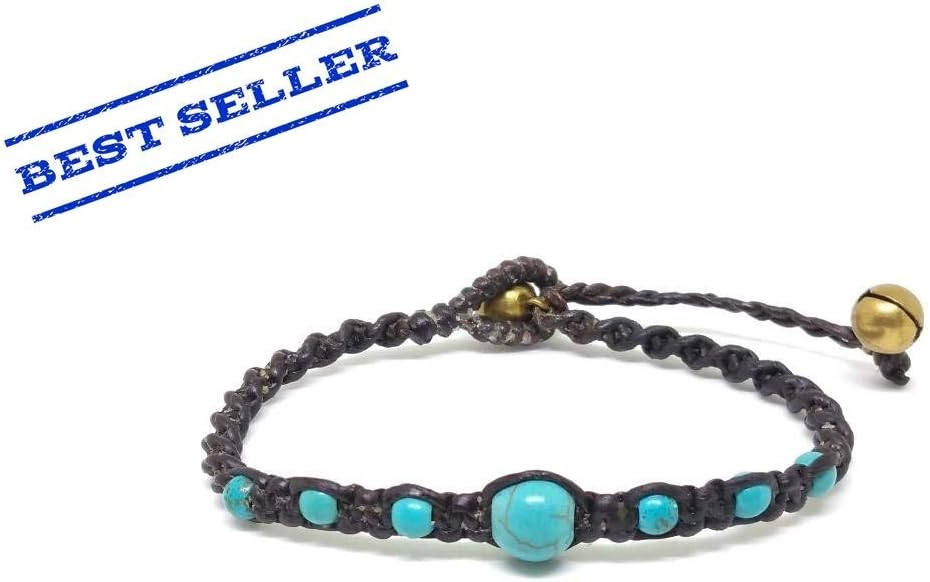 The Turq Turquoise BEAD Macrame Wax COTTON Buddhist Wristband Womens Gemstone Bracelet Brass Jingle Bells