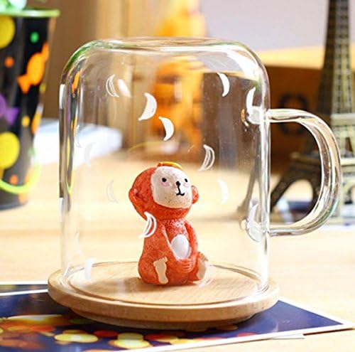 Keabby Cute animal Cup Personal Glass Coffee Mug Office Cup Milk Cup Tea cup 301-400mLwith Wood Cover--Best gift!! (Monkey)