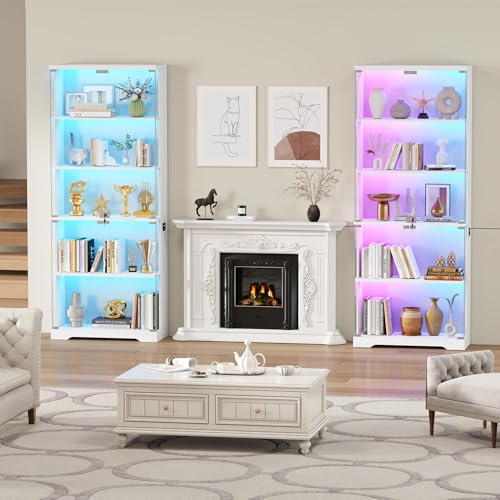 Dystler 69" RGB LED Display Cabinet 5-Tier Shelves & Lockable Glass Doors | 12 RGB Modes, Motion Sensor Auto-Light, Push-to-Open Glass Doors, Lockable, 5-Tier Wooden Shelf