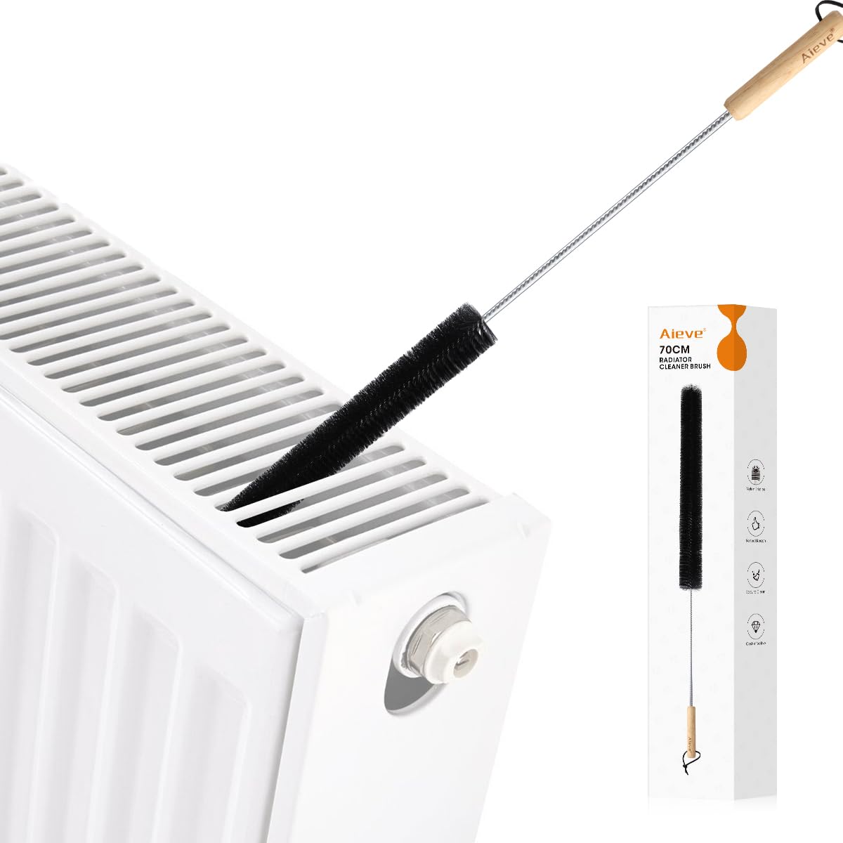 Aieve Radiator Cleaner Brush, 70CM Radiator Brush, Flexible Long Cleaning Duster with Wood Handle for Heater & Dryer Lint & Washing Machine