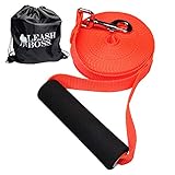 Leashboss Free Range 20 Foot Long Nylon Dog Leash for Large Dogs w/Drawstring Backpack - 1 Inch Wide Heavy Duty Long Training Lead with Padded Handle (20 Ft, 1 in, Bright Orange)