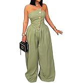 BOKITECAO Womens Cargo Jumpsuit Sexy Strapless One Piece Outfit Off Shoulder Top Ruched Wide Leg Rompers Overalls
