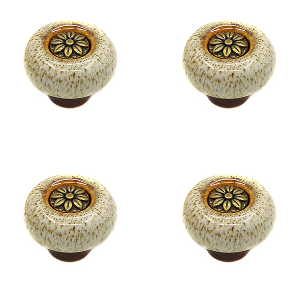 Ceramic Door Handle Furniture Handle,Retro Kitchen Knobs,Furniture Knobs,Cabinet Door Handle,Wine Cabinet Door Handle,Drawer Handles,Round Door Knobs for Kitchen,Bedroom,Bathroom,Bronze White,4pcs