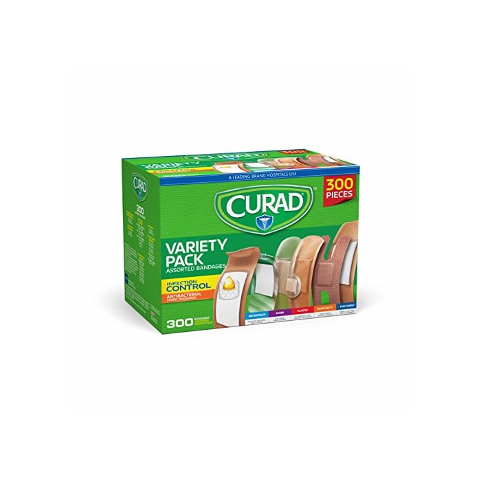 Curad Assorted Bandages Variety Pack 300 Pieces, Including Antibacterial, Heavy Duty, Fabric, and Waterproof Bandages