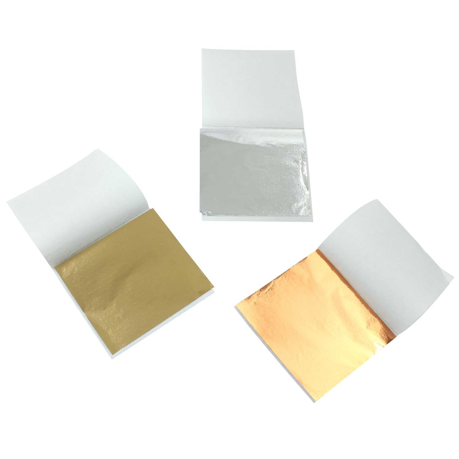 Piutouyar 200 Pcs Gold Leaf Sheets, Gold Foils Sheets Gold Leaf Set Imitation Rose Silver Gold Leaf Paper for Paint Jewelry Furniture DIY Arts Decoration(3.15×3.35 inches, 3 Colors)