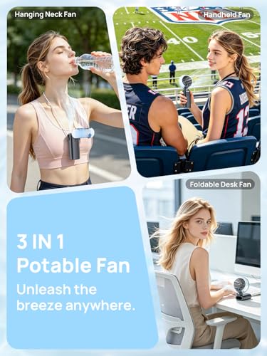 Portable Mini Misting Fan - 100 Speeds Small USB Rechargeable Fan, 6000 mAh 3-in-1 Folding Pocket Fan for Hand, Desk or Neck with LED Display, for Outdoor, Travel, Office (Black)