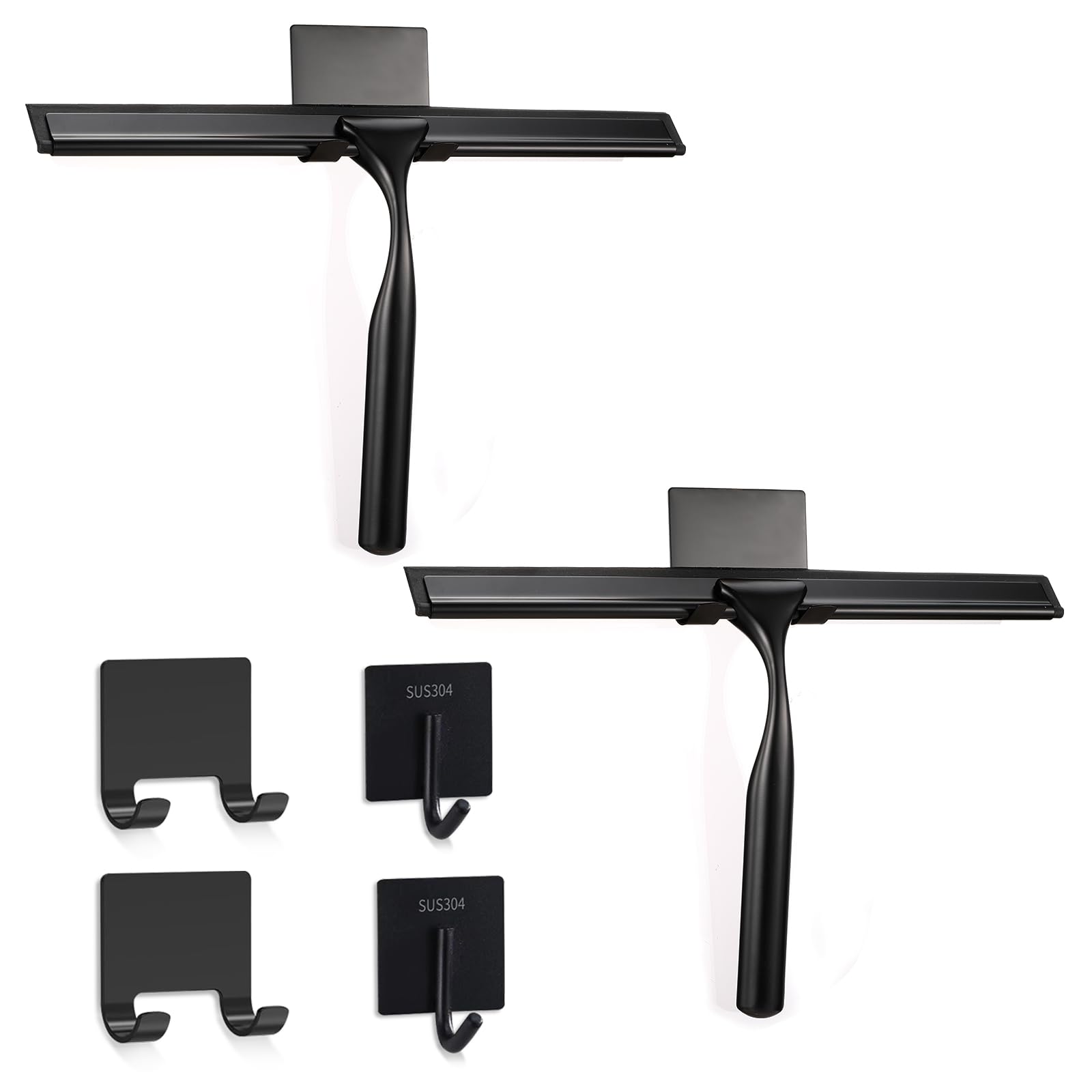 Photo 1 of 2 Pack All-Purpose Stainless Steel Shower Squeegee with 2 Adhesive Hooks, for Shower Doors, Bathroom, Window, Mirror, Glass, Tile Wall, Car Windshield Cleaning Tool, 10 Inch, (Black)
