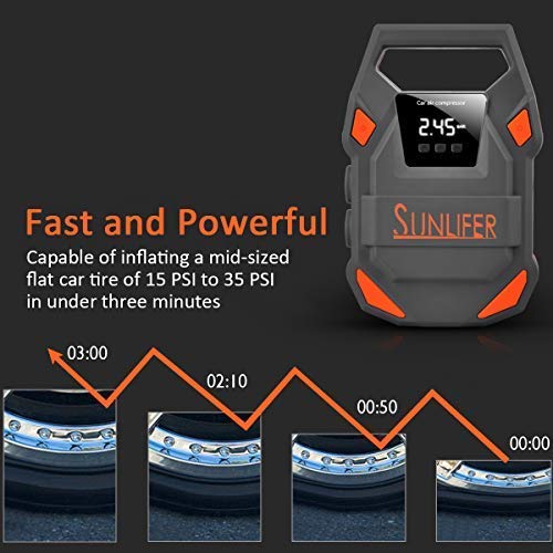 Sunlifer Digital Tire Inflator, 12V Portable Air Compressor, 150 PSI Auto Tire Pump with Bright Flashlight, SOS Emergency Light and Carry Handle for Car, Motorcycle, Bike and Other Inflatable (Orange) - Thumbnail 5