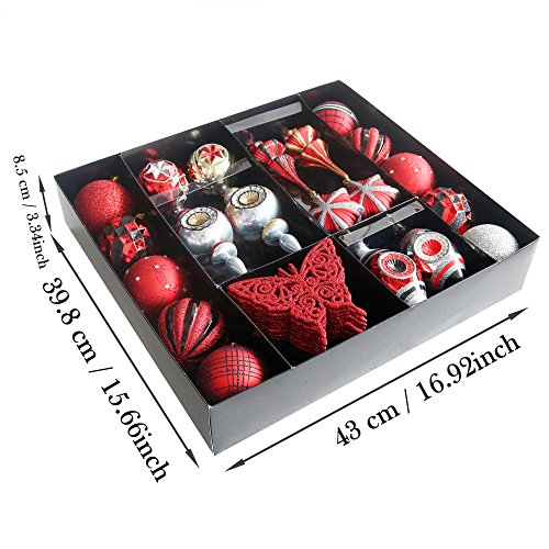 Valery Madelyn 50ct Trendy Red and Black Shatterproof Christmas Ball Ornaments Decoration, 70-165mm/2.75-6.49inch, 50 Pcs Metal Hooks Included, Themed with Tree Skirt(Not Included)