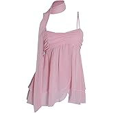 Verdusa Women's Y2K Tiered Layered Slit Chiffon Camisole Tops Flowy Babydoll Tops with Scarf
