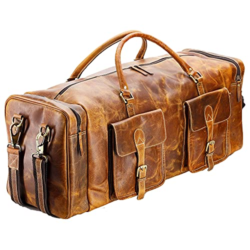 KomalC 28 inch Duffel Bag Travel Sports Overnight Weekend Leather Duffle Bag for Gym Sports Cabin Holdall bag (Distressed Tan)