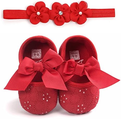 Amiley Baby First Crib Shoes，Baby Princesses Shoes+1PC Hairband Bowknot Soft Sole Anti-Slip Shoes Newborn Single Crib Sneakers Shoes for Infant Toddler Baby Girls Boys (Red, US2(10.5CM/4.1"Inch))