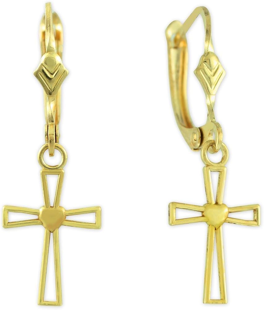 10K Yellow Gold Heart Cross Dangle Earrings Jewelry