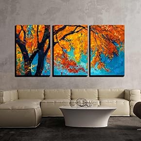 3 Piece Canvas Wall Art - Original Oil Painting Showing Beautiful Autumn Tree on Canvas. Modern Impressionism - Modern Home Art Stretched and Framed Ready to Hang - 16"x24"x3 Panels
