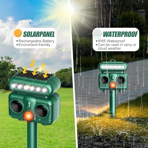 OBEST Solar Powered Animal Deterent, Ultrasonic with Light for Home Yard, Waterproof Animal Chase Device for Cat Raccoon, Sound Frequency 8kHZ
