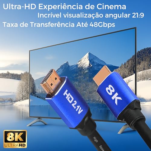 CABO HDMI 8K • 2.1 UHD • 144Hz • MTS • 3D, 48 GBPS, HDR, TV • Games em geral • Conector Banhado Ouro • 1,5 Metros • Premium