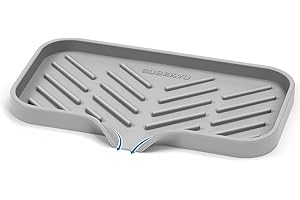 SUBEKYU Silicone Kitchen Soap Tray, Sink Tray for Kitchen Counter/Soap Bottles, Sponge Holder and Organizer with Drain Spout, Grey, [Size: 9.5 x 5 inch]