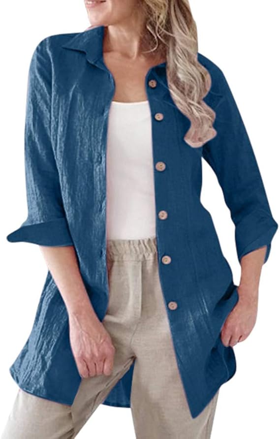 Women Cotton Linen Coat Casual Solid Long Sleeve Button Down Cardigan