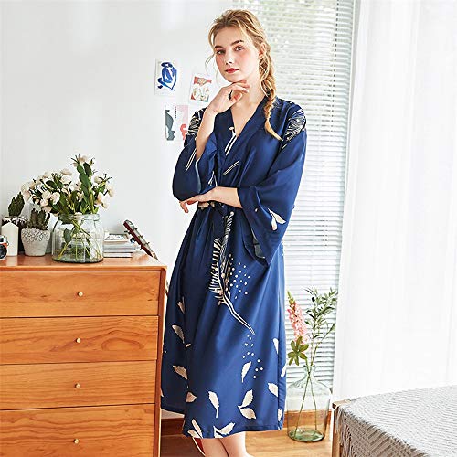 CofeeMO Women's Plants Print Kimono Bathrobe Pajamas,Fashion Satin Long Sleeve Wrap Sleepdress(Navy,XL)