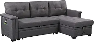 best sectionals under $1000-Lilola Home Reversible Sleeper Sectional Sofa with Storage Chaise and Pocket, Dark Gray
