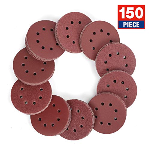 WORKPRO 150-piece Sandpaper Set - 5-Inch 8-Hole Sanding Discs 10 Grades Includ 60, 80, 100, 120, 150,180, 240, 320, 400, 600 Grits for Random Orbital Sander (Not for Oscillating Tools or Mouse Sander)