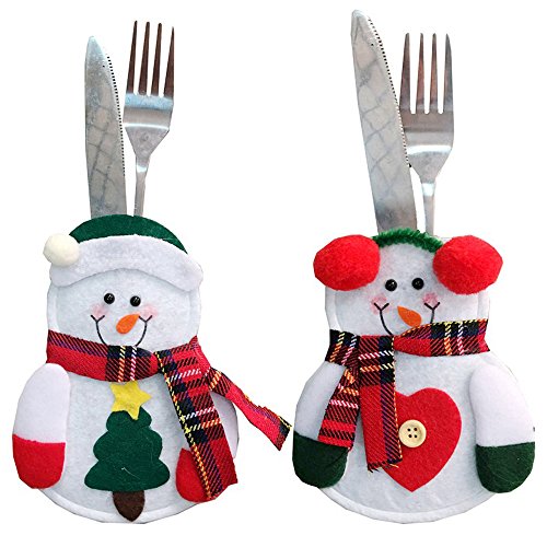 Christmas Cutlery Bags Holder Case Santa Claus Snowman Elk Utensil Bags Fork Spoon Knife Pockets Decoration (2 pcs(Tree Snowman & Heart Snowman))