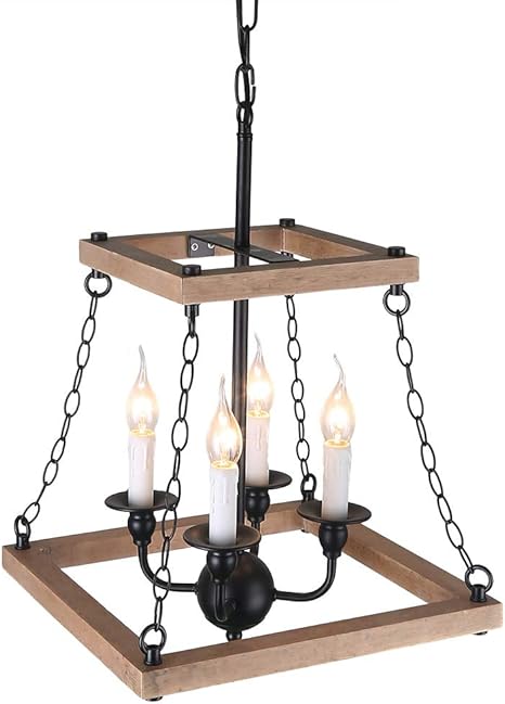Anmytek Wood Metal Chandelier 4 Candle Holder Pendant Light