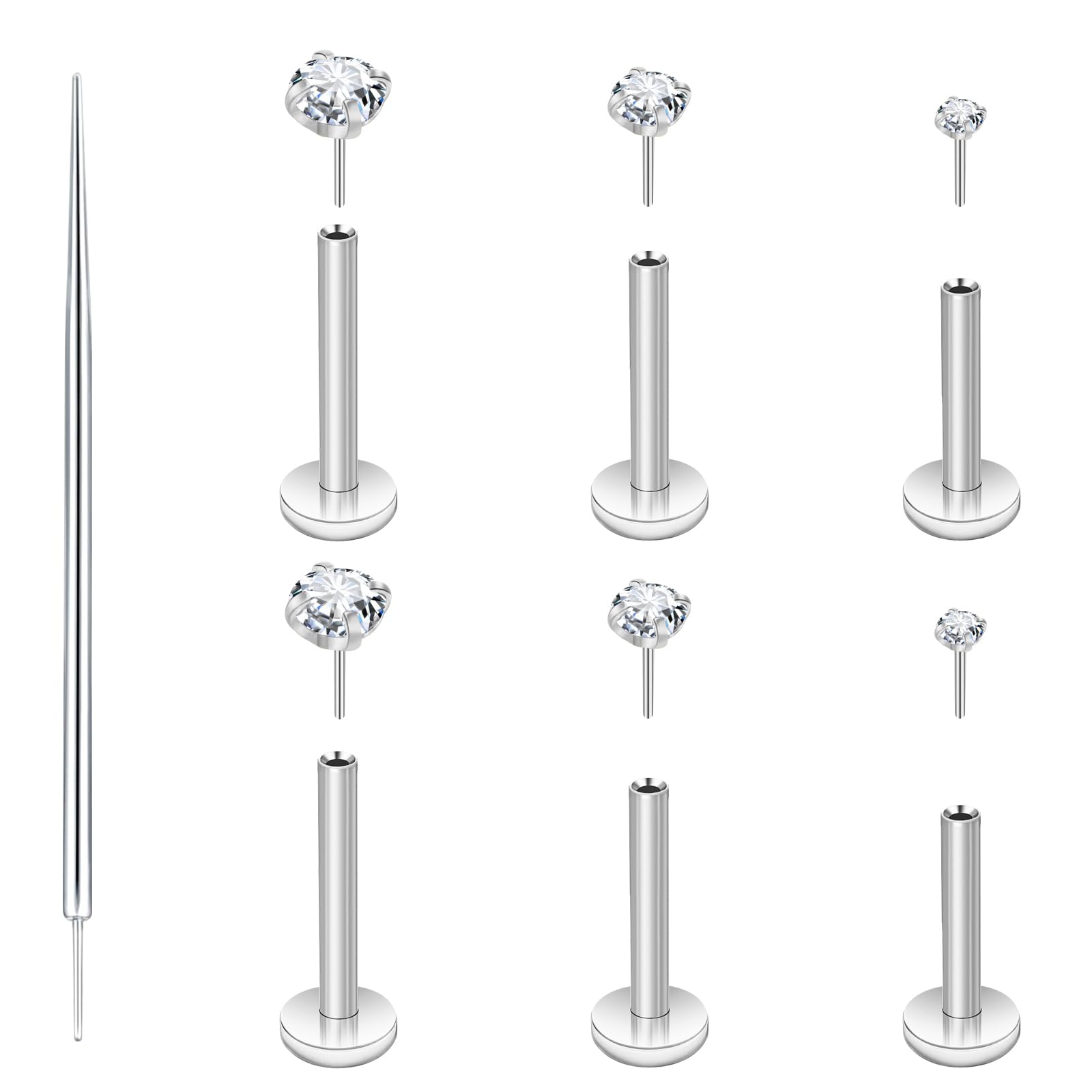3 Pairs 6 Pcs Silver 18G Threadless Nose Piercings