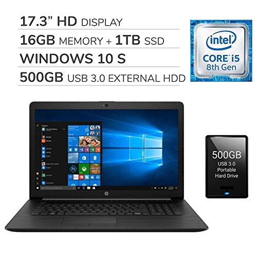 HP 2020 Premium 17.3″ HD Laptop, 4 Core Intel i5-8265U 1.60 GHz, 16GB RAM,1TB SSD, DVD, Wi-Fi, Bluetooth, Webcam, HDMI, Windows 10 S,500GB USB 3.0 External HDD