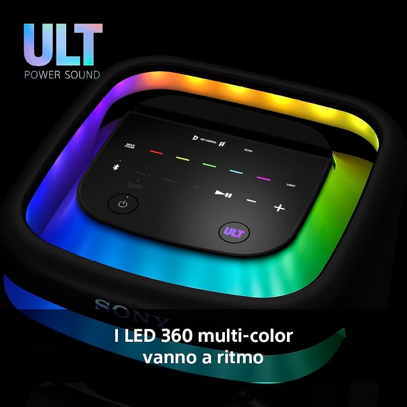 ULT TOWER 10 - Altoparlante Bluetooth per feste con ULT POWER SOUND, bassi profondi, altoparlanti X-Balanced, luci a LED a 360 gradi, microfono wireless, portatile, con maniglia e ruote - Black