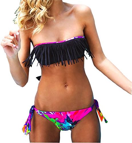 Hot Sale!Women Bikini Set Daoroka Ladies Sexy Off Shoulder 2 Piece Tassel Low Waist Solid Swimsuit Swimwear Beachwear (M, Black)