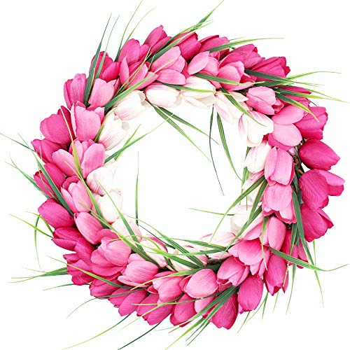 H&W 40cm / 16Inch Large Springtime Tulip Wreath Door - Spring & Engagement & Wedding Wall Ornament Garland Decoration - Pink - Celebrating Love & Wedding(MC12-D2)