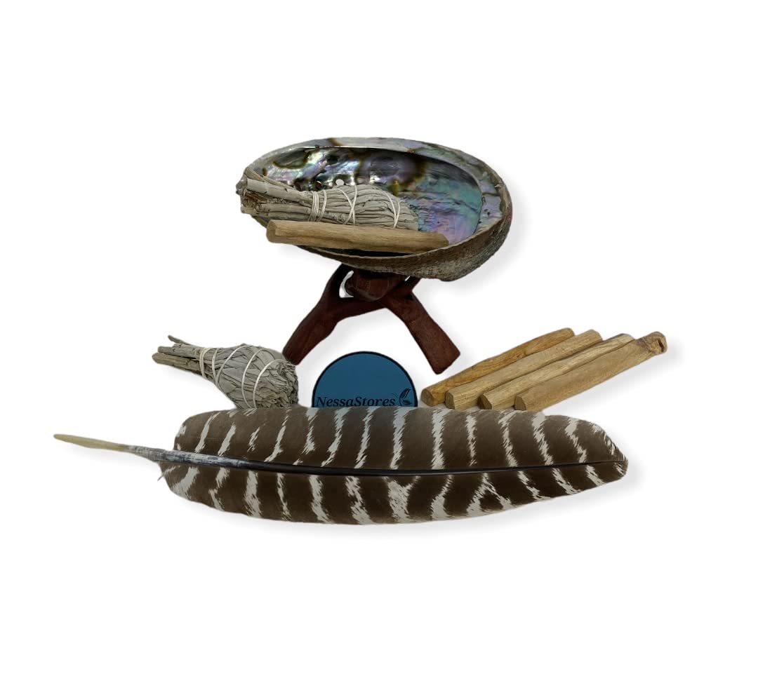 NESSASTORES Smudge Kit - Abalone Shell, Wood Stand, White Sage, Palo Santo, Feather #JC-228 (1 Kit)