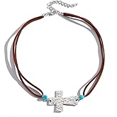 Bafuny Boho Brown Choker Cross Collar Necklace Western Turquoise Neck Jewelry for Women