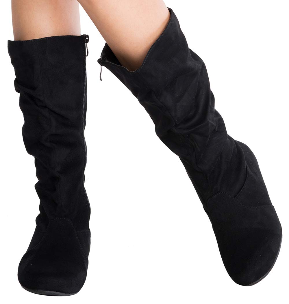 Olivia K Womens Low Heel Mid-Calf Slouchy Suede Slip On Casual Boots with Side Zipper - Image 3