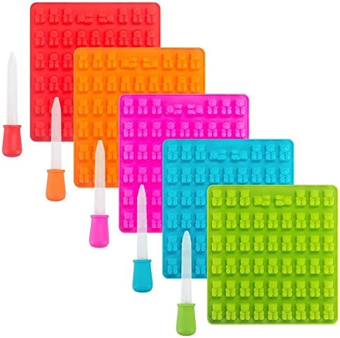 5 Pack Gumdrop Jelly Molds, Chocolate Molds, Gummy Bear Candy Molds + 5 Droppers - 100% BPA Free and FDA Approved