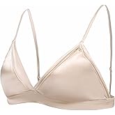 SilRiver Women's Silk Satin Triangle Bralette Soft Cup Wireless Bra with Removable Pad