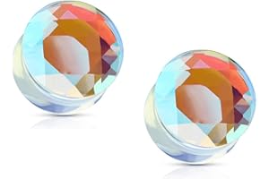 Pierced Owl Iridescent Glass Faceted Double Flared Saddle Plug Gauges, Sold as a Pair