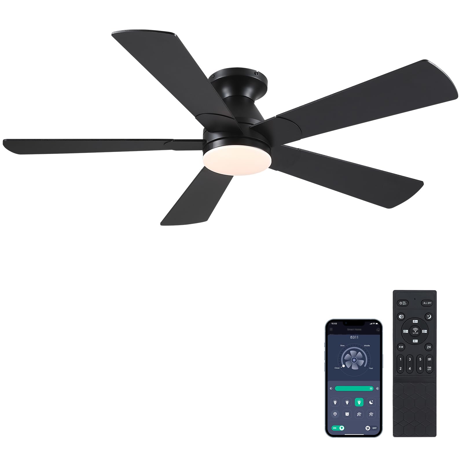 Photo 1 of PARTS ONLY -- LIGHT IS BROKEN ------------------------------------------------------BYKISTOK Black Ceiling Fans with Lights - 52In Flush Mount Ceiling Fan Light with Remote, 3CCT Dimmable and 6 Wind Speeds, Modern Low Profile Fan Light for Indoor Bedroom,