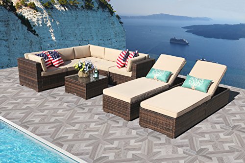 PATIOROMA Outdoor Furniture Sectional Sofa Set (6-Piece Set) All-Weather Brown Wicker with Beige ...
